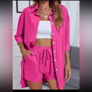 shorts and button up hot pink set. medium. NEW